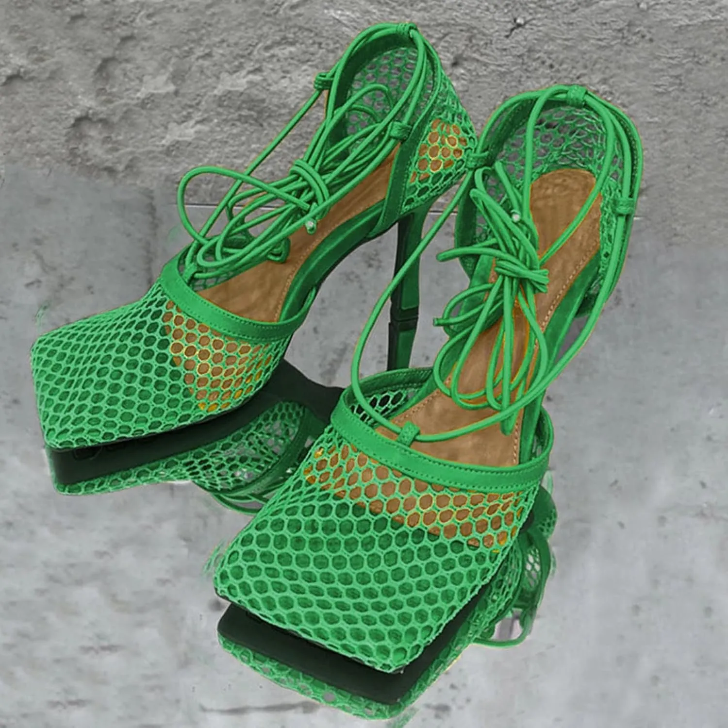 Women's Sexy Square Toe Mesh Ankle Cross-Tied High Heels Rome Sandals Closed Toe Mesh Lace Up Stiletto Heel Sandals