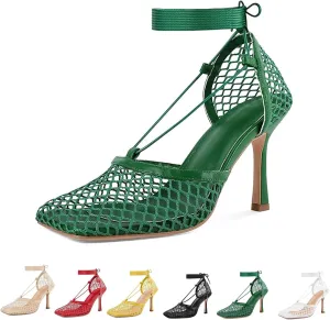 Women's Sexy Square Toe Mesh Ankle Cross-Tied High Heels Rome Sandals Closed Toe Mesh Lace Up Stiletto Heel Sandals