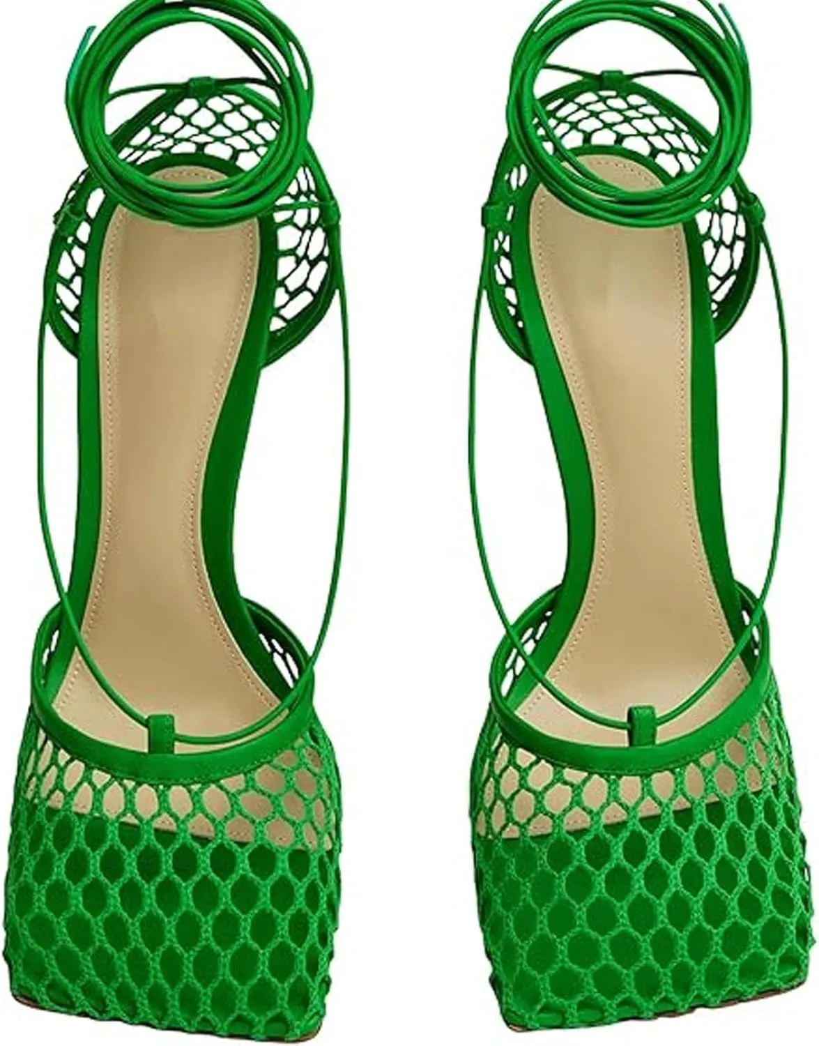 Women's Sexy Square Toe Mesh Ankle Cross-Tied High Heels Rome Sandals Closed Toe Mesh Lace Up Stiletto Heel Sandals