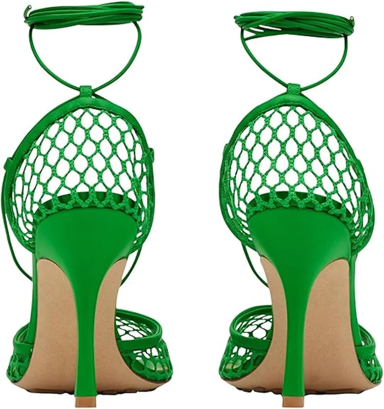 Women's Sexy Square Toe Mesh Ankle Cross-Tied High Heels Rome Sandals Closed Toe Mesh Lace Up Stiletto Heel Sandals