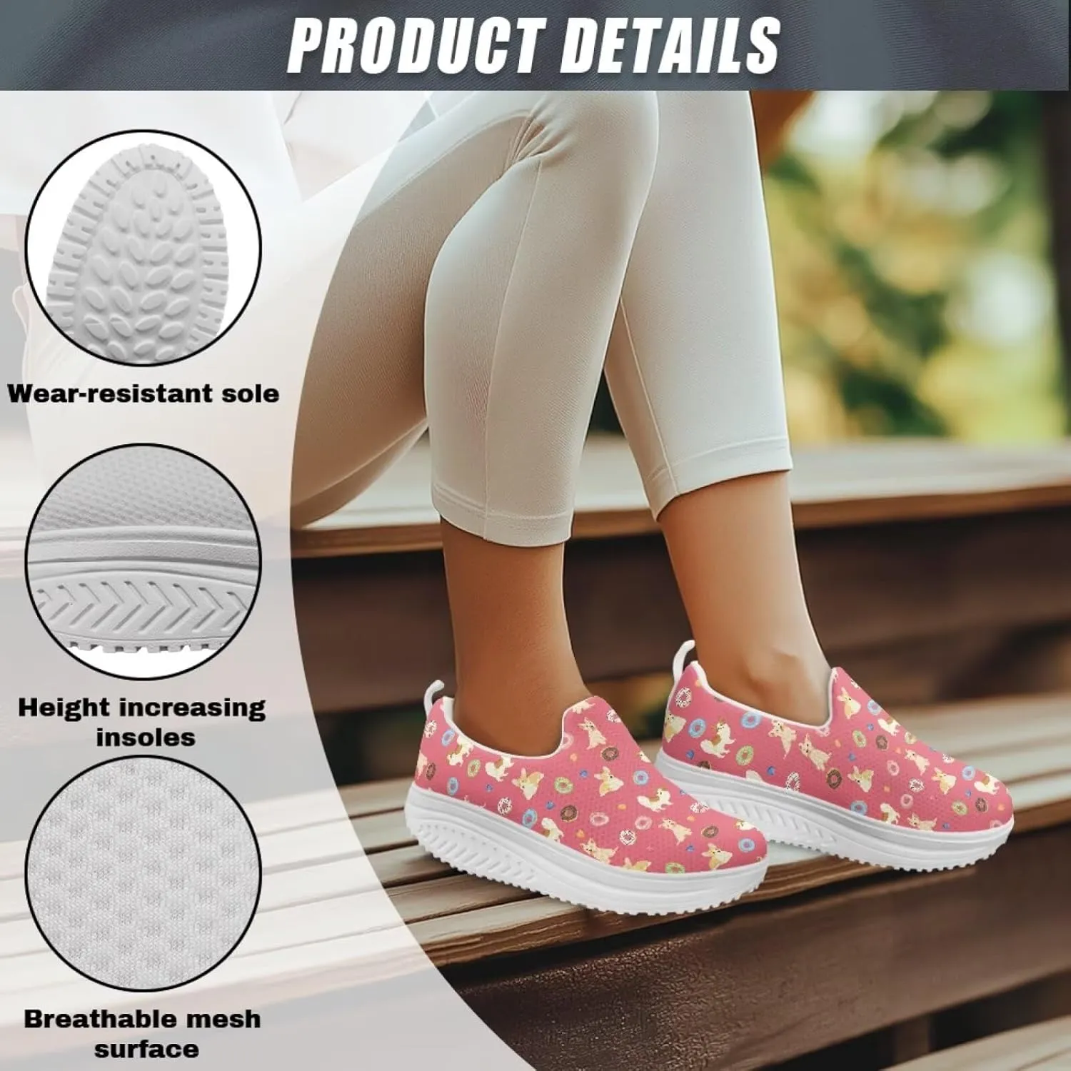 Women‘s Shoes Non Slip Walking Footwear Dog Lovers Lightweight Wedge Rocker Bottom Casual Sneakers