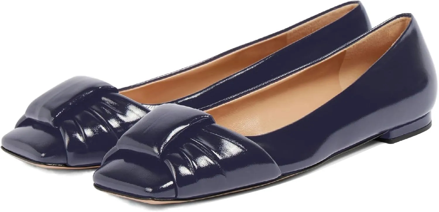 Women's Square Toe Ballet Flats Comfort Slip On Closed Toe Dressy Flats Fashion Patent Ruched Knot Evening Wedding Work Low Heel Shoes for Ladies