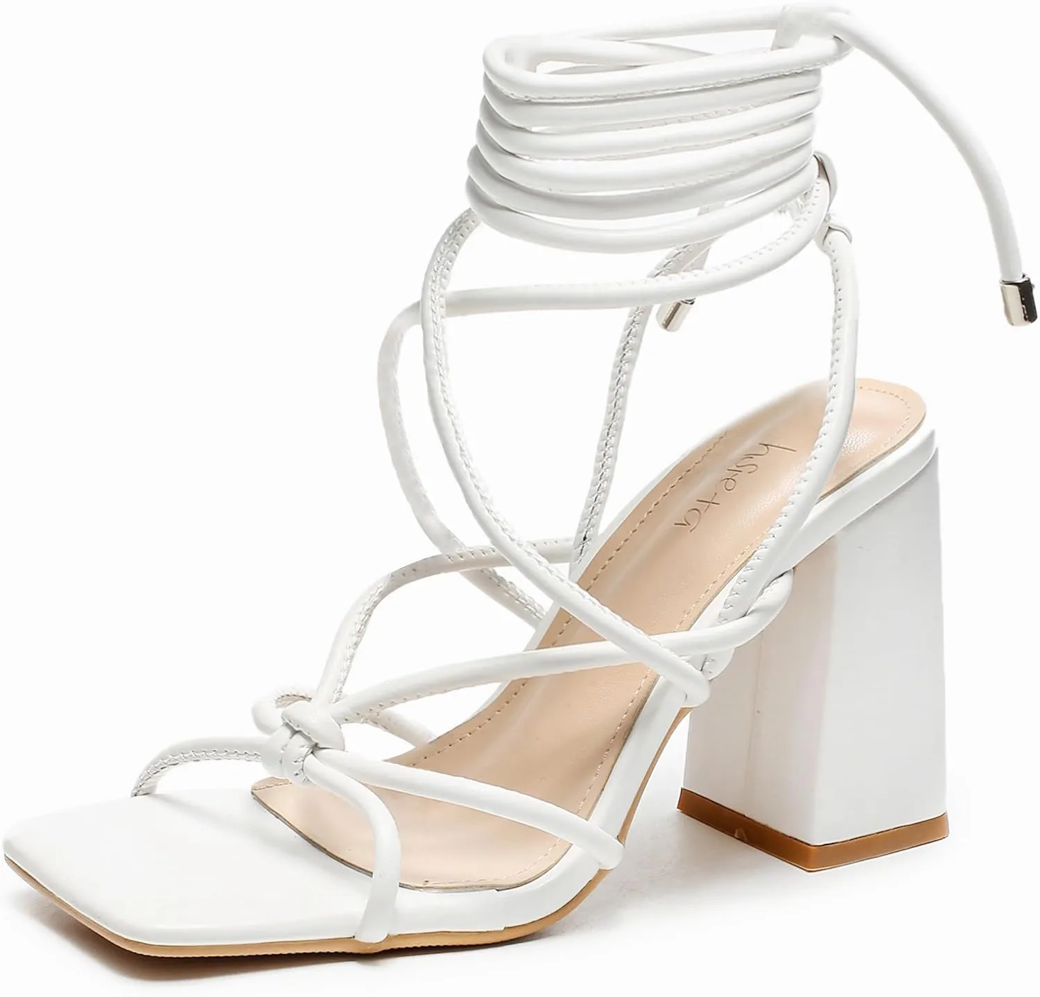 Womens Strappy Heels Lace Up Chunky Heel Sandals, Cute Block Heel Wrap Sandals for Women Dressy Sexy with Square Toe