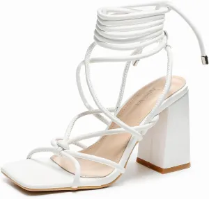 Womens Strappy Heels Lace Up Chunky Heel Sandals, Cute Block Heel Wrap Sandals for Women Dressy Sexy with Square Toe
