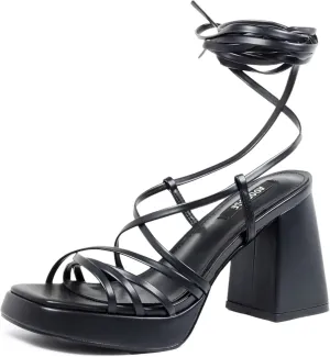 Womens Strappy Heels Lace Up Chunky Heel Sandals, High Heel Cute Platform Sandals Block Heel Wrap Sandals for Women Dressy Sexy with Adjustable Laces Square Toe
