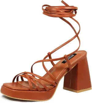Womens Strappy Heels Lace Up Chunky Heel Sandals, High Heel Cute Platform Sandals Block Heel Wrap Sandals for Women Dressy Sexy with Adjustable Laces Square Toe