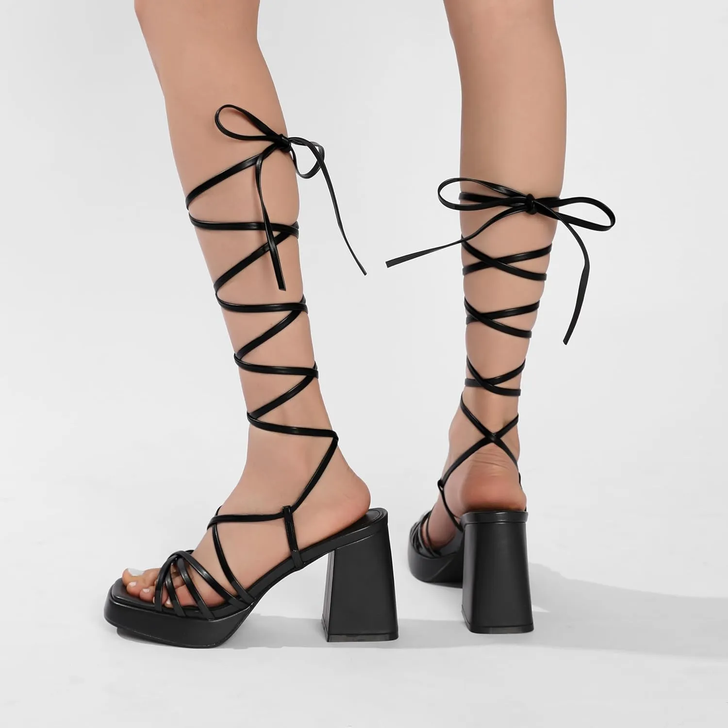 Womens Strappy Heels Lace Up Chunky Heel Sandals, High Heel Cute Platform Sandals Block Heel Wrap Sandals for Women Dressy Sexy with Adjustable Laces Square Toe