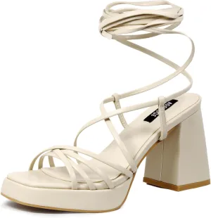 Womens Strappy Heels Lace Up Chunky Heel Sandals, High Heel Cute Platform Sandals Block Heel Wrap Sandals for Women Dressy Sexy with Adjustable Laces Square Toe