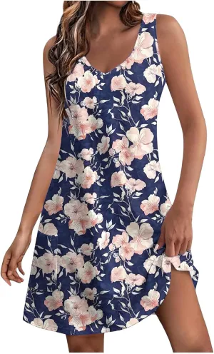 Womens Summer Dresses 2025 Trendy Casual Sleeveless Sundresses Beach Vacation Boho Floral Coverup Flowy Tank Dress