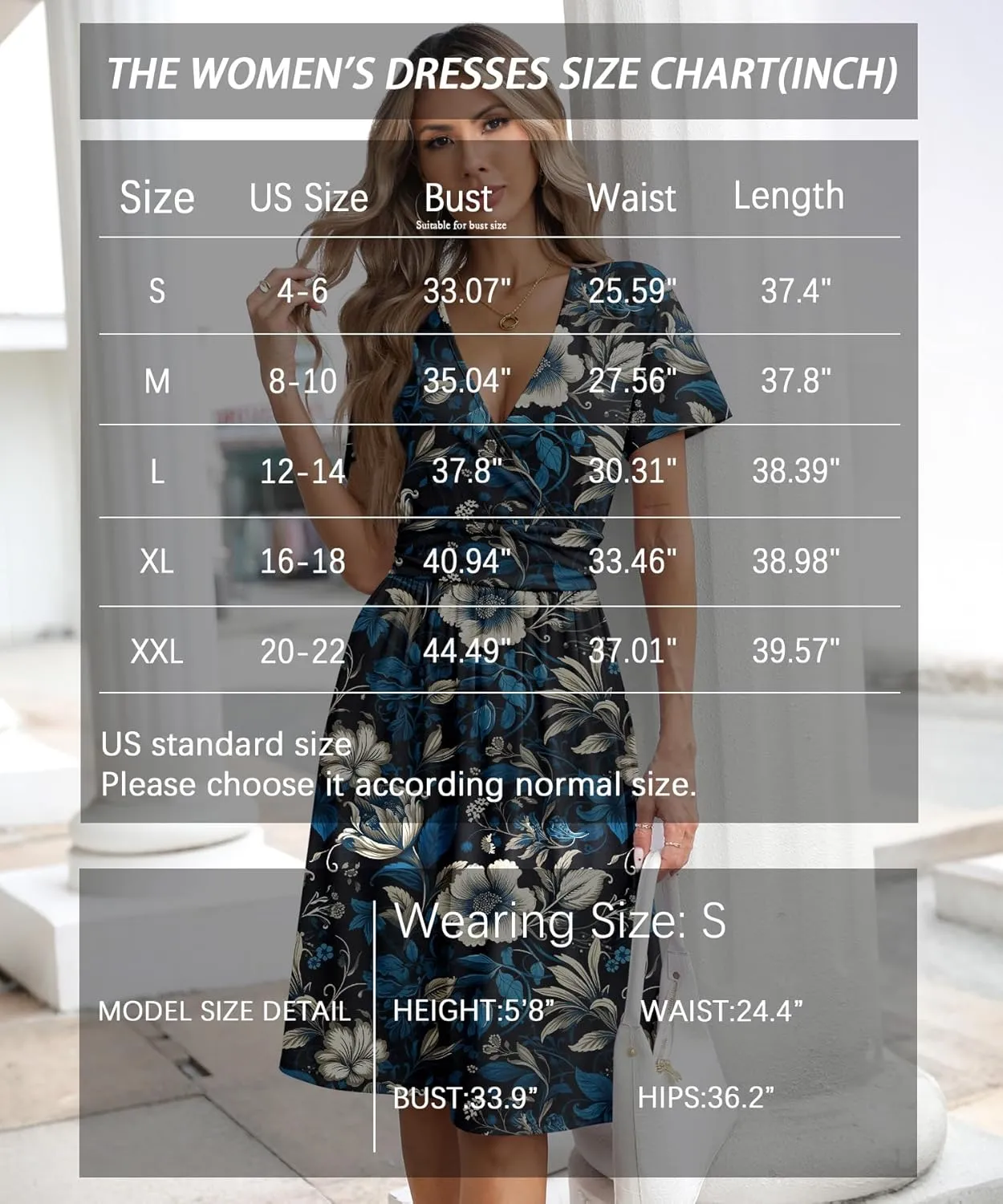 Women's Summer Short Sleeve Casual Wrap Dresses V-Neck with Pockets Elastic Waist Flowy Midi Beach Dress