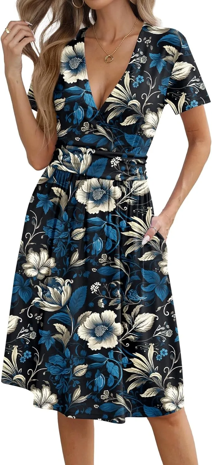 Women's Summer Short Sleeve Casual Wrap Dresses V-Neck with Pockets Elastic Waist Flowy Midi Beach Dress