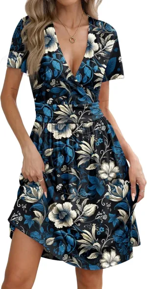 Women's Summer Short Sleeve Casual Wrap Dresses V-Neck with Pockets Elastic Waist Flowy Midi Beach Dress