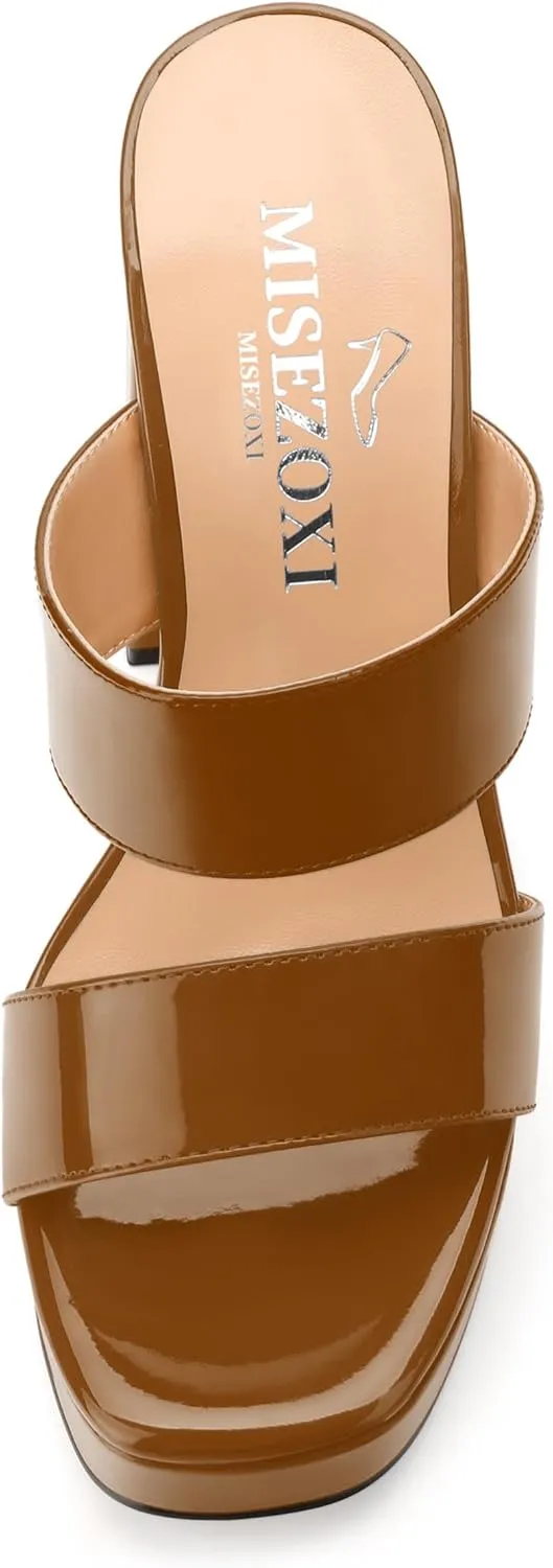 Women's Two Straps High Chunky Heels Sandals Slip on Open Square Toe Block Platform Heels Sandals for Women Holiday Party Wedding Dress Sandals Shoes