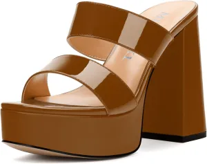 Women's Two Straps High Chunky Heels Sandals Slip on Open Square Toe Block Platform Heels Sandals for Women Holiday Party Wedding Dress Sandals Shoes