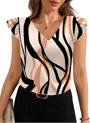 Women's V Neck Blouse Ruffle Cap Sleeve Elegant Business Casual Summer Shirts