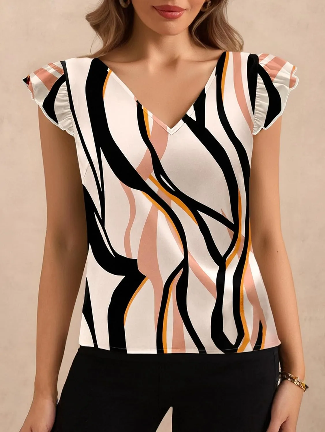 Women's V Neck Blouse Ruffle Cap Sleeve Elegant Business Casual Summer Shirts