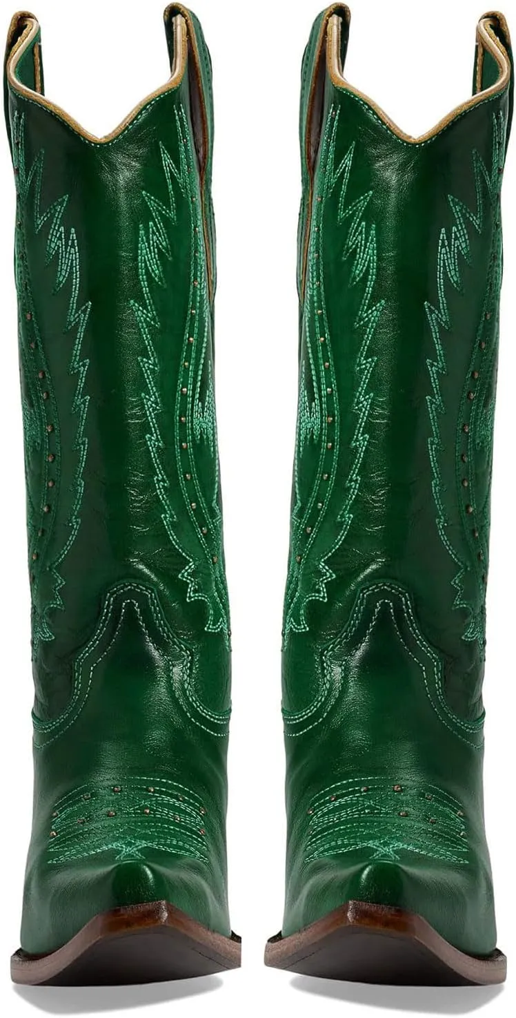 Women's Vintage Embroidered Rivet Block Heel Cowgirl Mid Calf Western Boots Fashion Studded Square Toe Pull On Chunky Heel Cowboy Knee High Boots for Women
