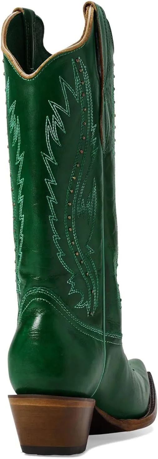 Women's Vintage Embroidered Rivet Block Heel Cowgirl Mid Calf Western Boots Fashion Studded Square Toe Pull On Chunky Heel Cowboy Knee High Boots for Women