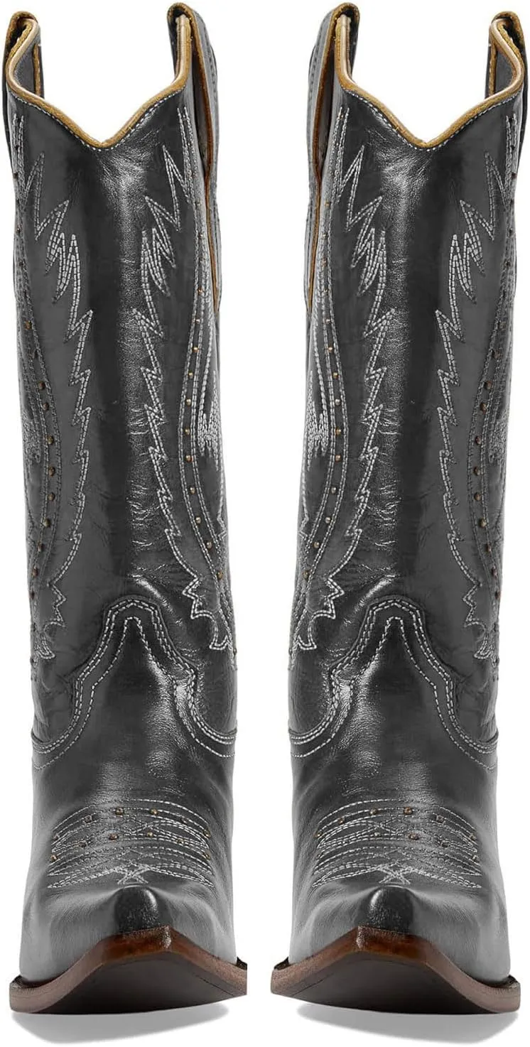 Women's Vintage Embroidered Rivet Block Heel Cowgirl Mid Calf Western Boots Fashion Studded Square Toe Pull On Chunky Heel Cowboy Knee High Boots for Women