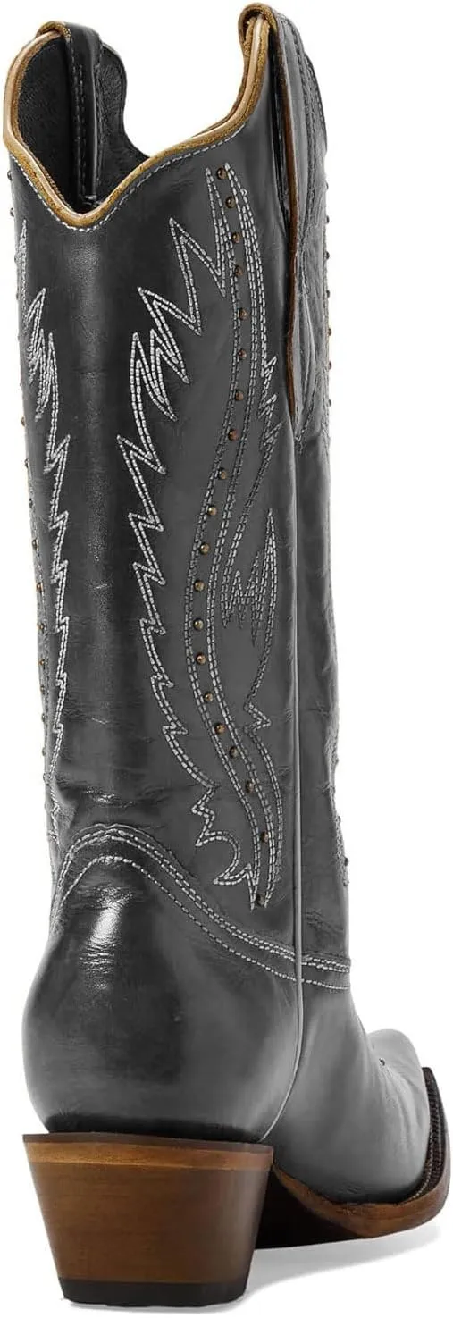 Women's Vintage Embroidered Rivet Block Heel Cowgirl Mid Calf Western Boots Fashion Studded Square Toe Pull On Chunky Heel Cowboy Knee High Boots for Women