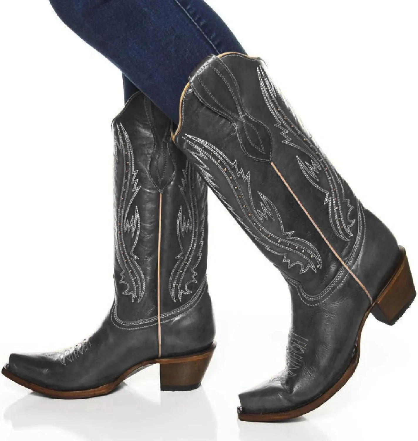 Women's Vintage Embroidered Rivet Block Heel Cowgirl Mid Calf Western Boots Fashion Studded Square Toe Pull On Chunky Heel Cowboy Knee High Boots for Women