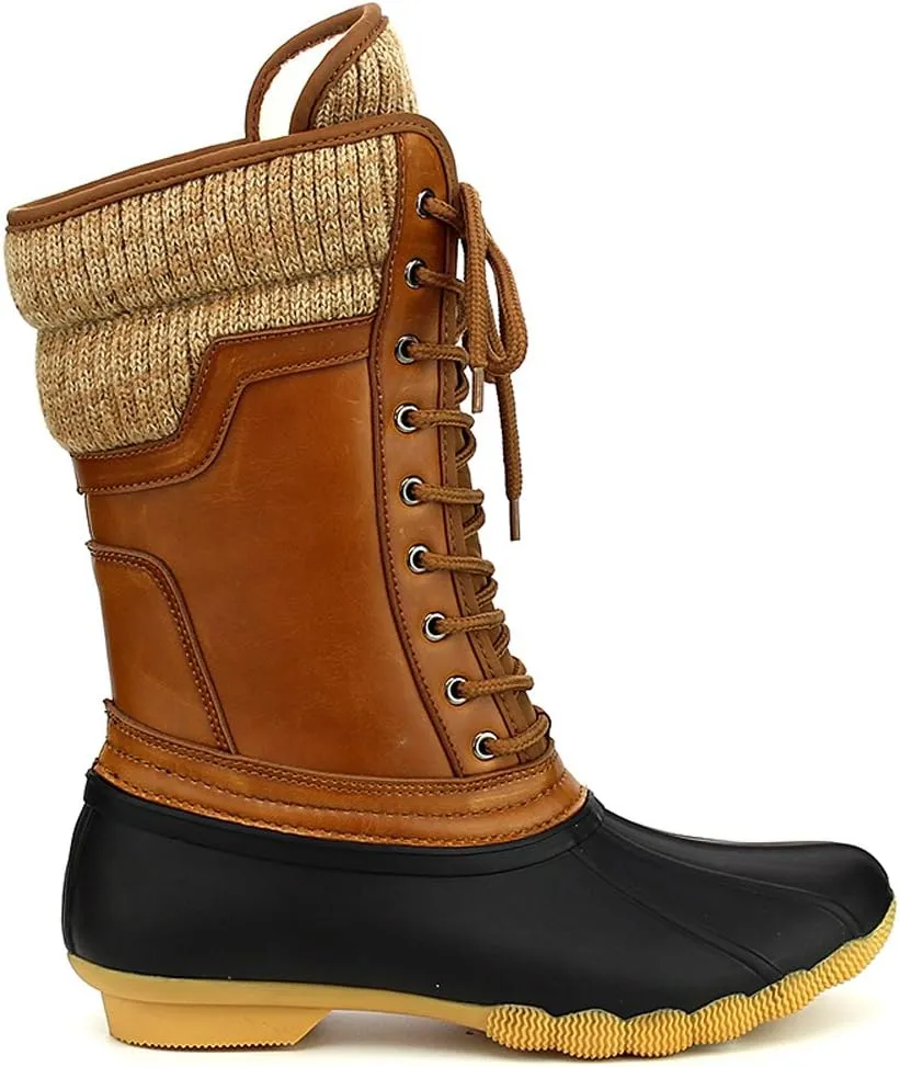 Women's Waterproof Duck Boots Rubber Two Tone Mix Media Skimmers Winter Rain Snow Mid Calf Boots