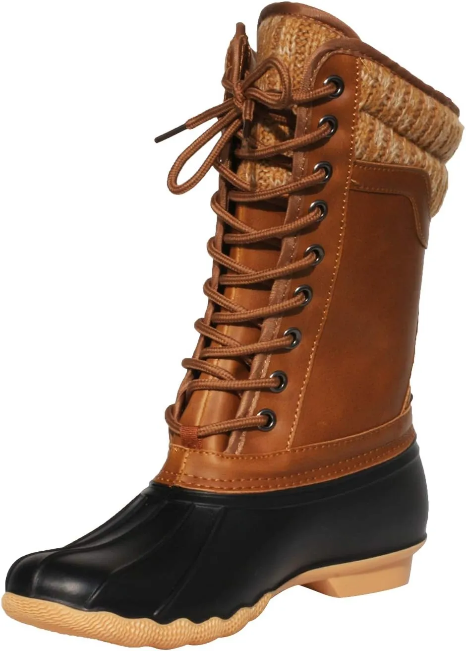 Women's Waterproof Duck Boots Rubber Two Tone Mix Media Skimmers Winter Rain Snow Mid Calf Boots