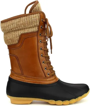 Women's Waterproof Duck Boots Rubber Two Tone Mix Media Skimmers Winter Rain Snow Mid Calf Boots