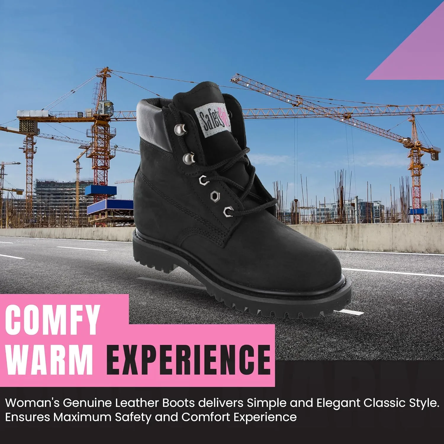Women’s Work Boots | Waterproof Leather Work Boots for Women | Oil & Slip-Resistant Soft Toe Boots for Women | Premium Nubuck Leather | Lightweight and Comfortable | Black Leather - 9.5M
