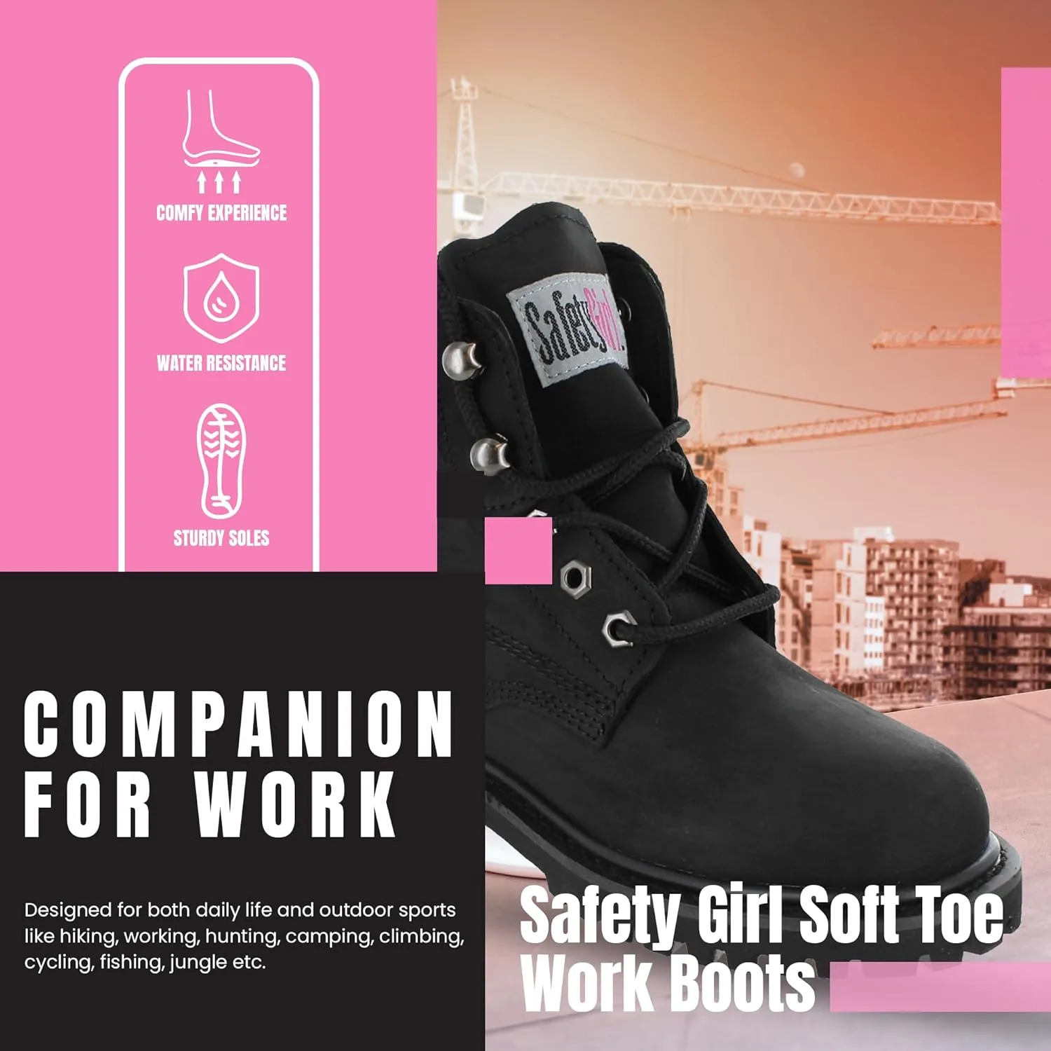 Women’s Work Boots | Waterproof Leather Work Boots for Women | Oil & Slip-Resistant Soft Toe Boots for Women | Premium Nubuck Leather | Lightweight and Comfortable | Black Leather - 9.5M