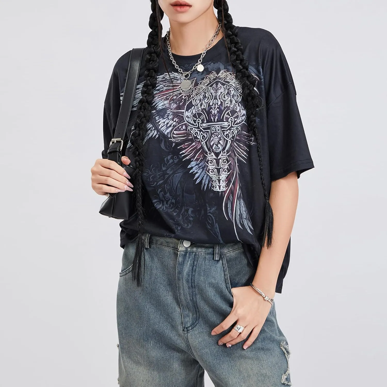 Womens Y2k Graphic Baggy Tees Shirts 2000s Gothic Grunge Emo Tops Fairycore Clothes