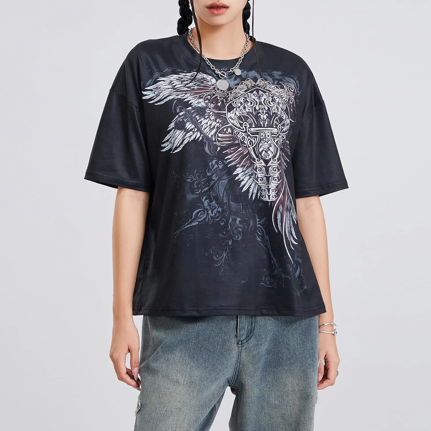 Womens Y2k Graphic Baggy Tees Shirts 2000s Gothic Grunge Emo Tops Fairycore Clothes
