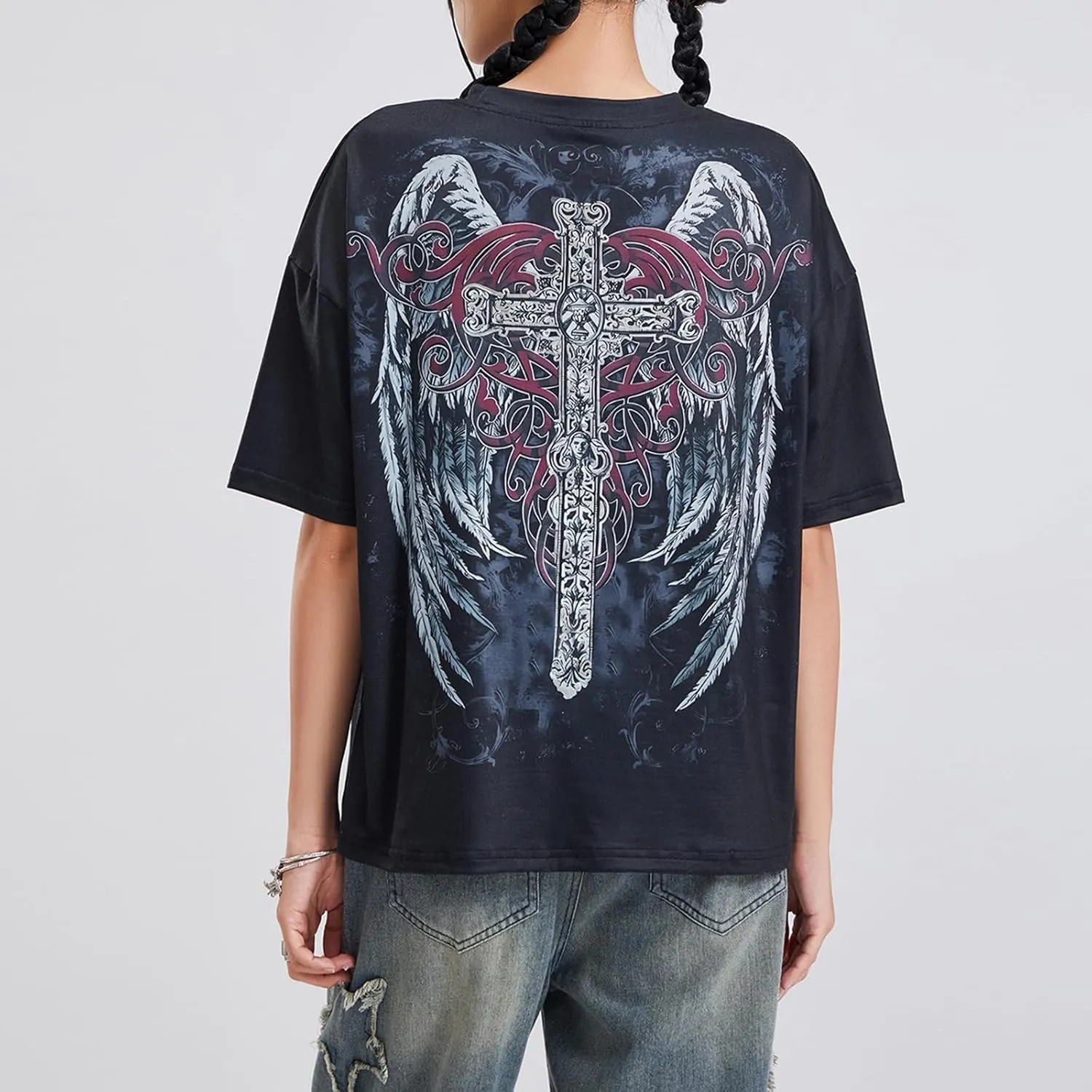 Womens Y2k Graphic Baggy Tees Shirts 2000s Gothic Grunge Emo Tops Fairycore Clothes