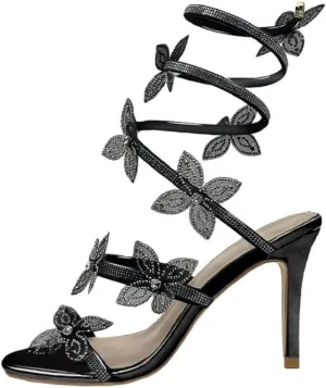Womens's Rhinestone Sandals Sparkly Heels for Women Ankle Wrap Up Strappy Shoes