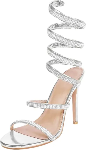 Womens's Rhinestone Sandals Sparkly Heels for Women Ankle Wrap Up Strappy Shoes