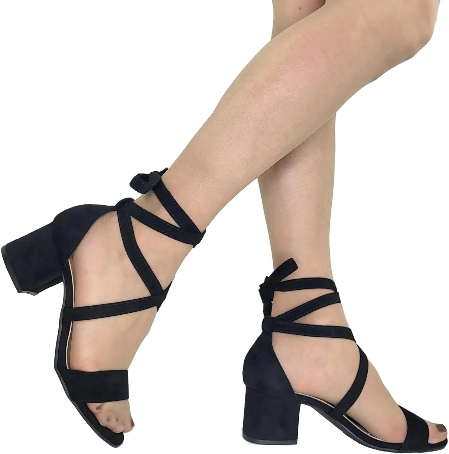 Wrap Around Comfort Low Block Heel Sandals Open Toe Strappy Tie Up