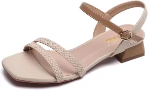 WUIWUIYU Women's Low Mid Heels Braided Open Toe Ankle Strap Block Chunky Heel Sandals Holiday Party Wedding Dress Pumps Shoes