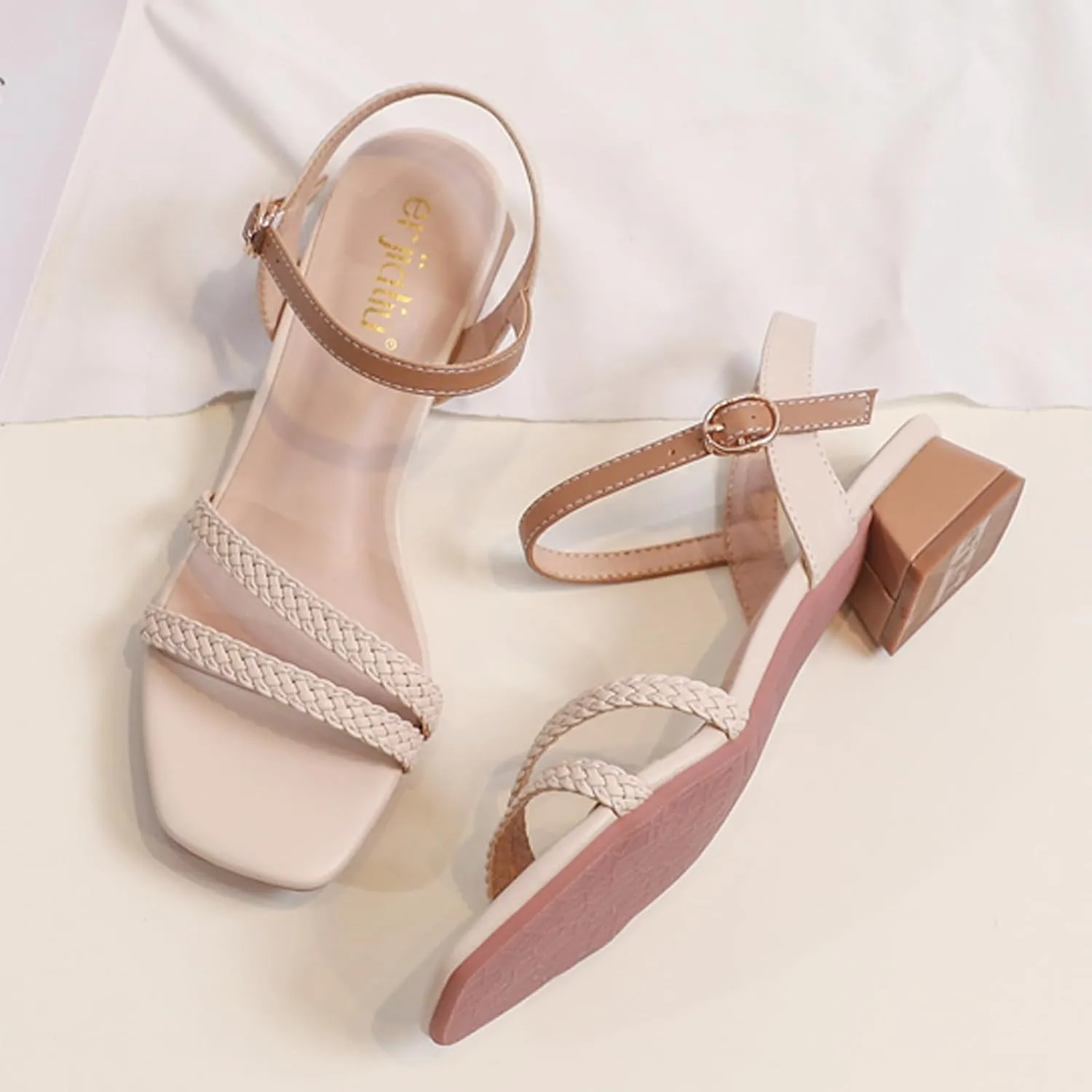 WUIWUIYU Women's Low Mid Heels Braided Open Toe Ankle Strap Block Chunky Heel Sandals Holiday Party Wedding Dress Pumps Shoes