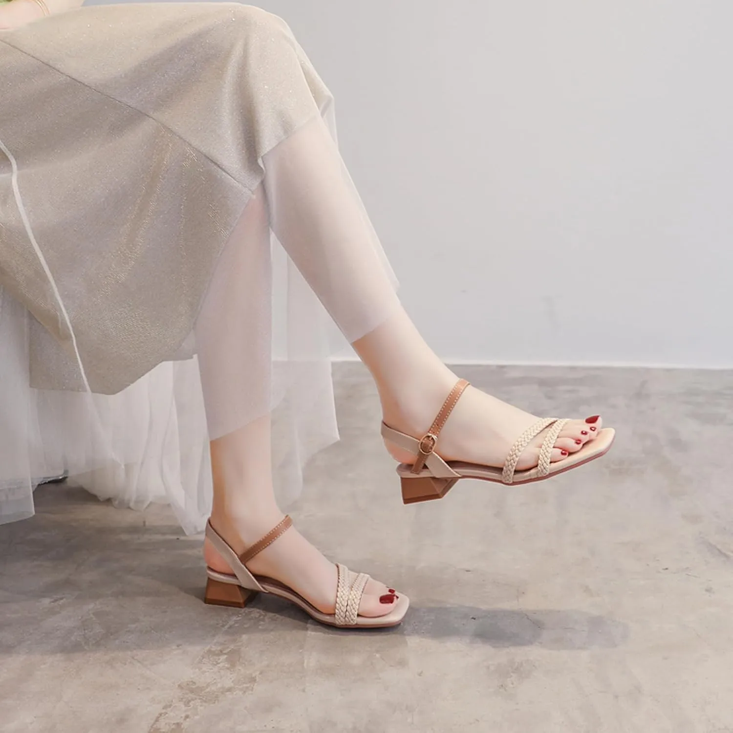 WUIWUIYU Women's Low Mid Heels Braided Open Toe Ankle Strap Block Chunky Heel Sandals Holiday Party Wedding Dress Pumps Shoes