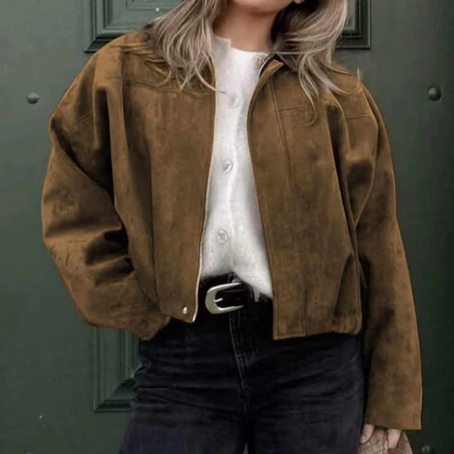 Xunger Women's Faux Suede Bomber Jacket Spring Lapel Pilot Coat Casual Oversized Long Sleeves Trendy Streetwear Outerwear
