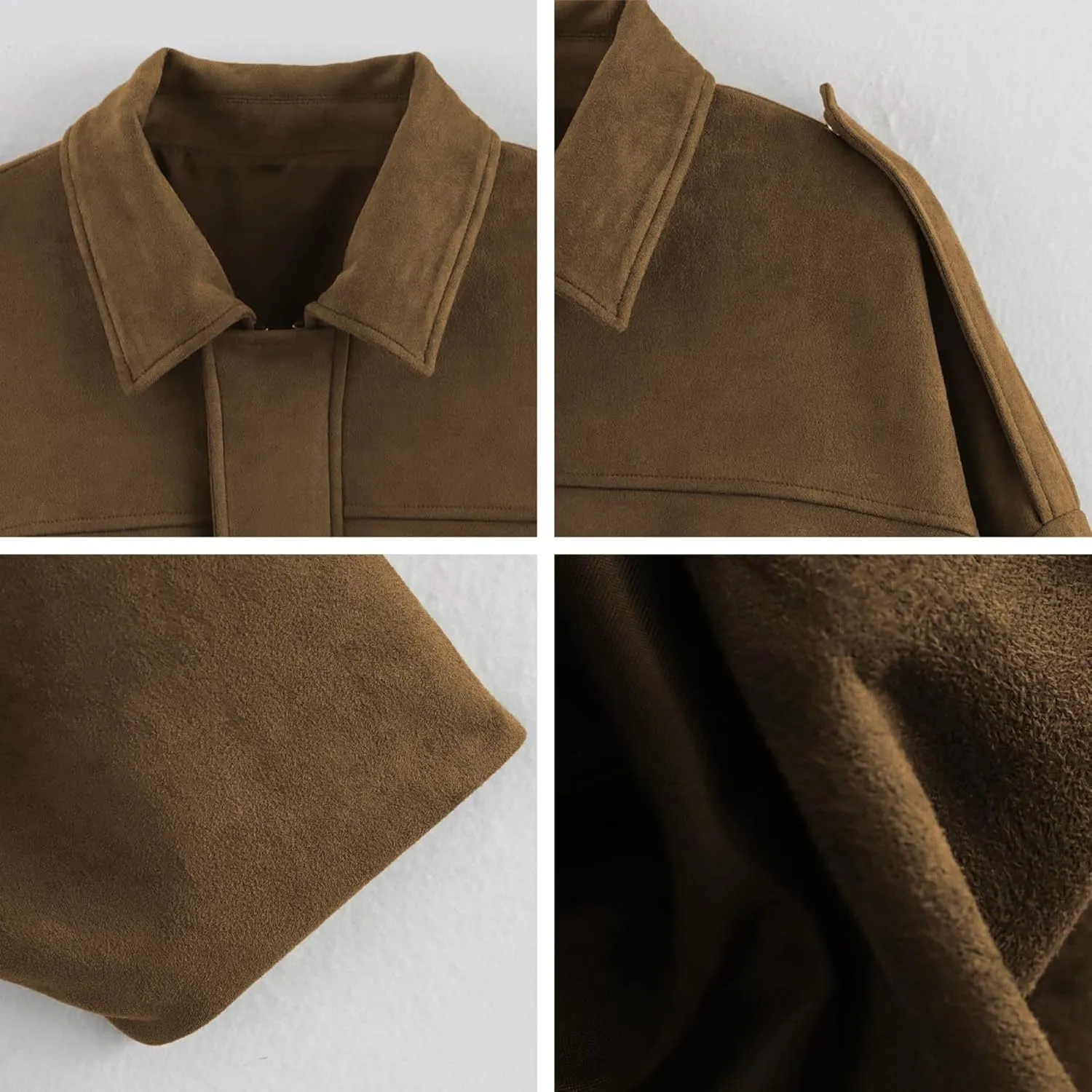 Xunger Women's Faux Suede Bomber Jacket Spring Lapel Pilot Coat Casual Oversized Long Sleeves Trendy Streetwear Outerwear