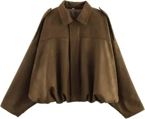 Xunger Women's Faux Suede Bomber Jacket Spring Lapel Pilot Coat Casual Oversized Long Sleeves Trendy Streetwear Outerwear