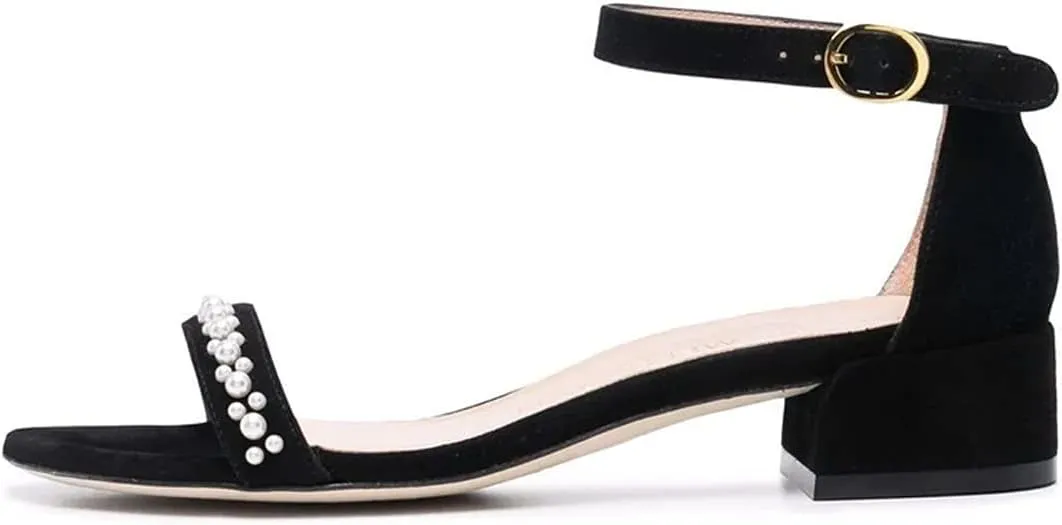 XYD Women Pearls Open Toe Strappy Low Block Heel Sandal Flats Ankle Strap with Buckle Wedding Bridal Dress Shoes