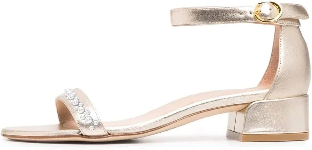 XYD Women Pearls Open Toe Strappy Low Block Heel Sandal Flats Ankle Strap with Buckle Wedding Bridal Dress Shoes