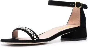 XYD Women Pearls Open Toe Strappy Low Block Heel Sandal Flats Ankle Strap with Buckle Wedding Bridal Dress Shoes