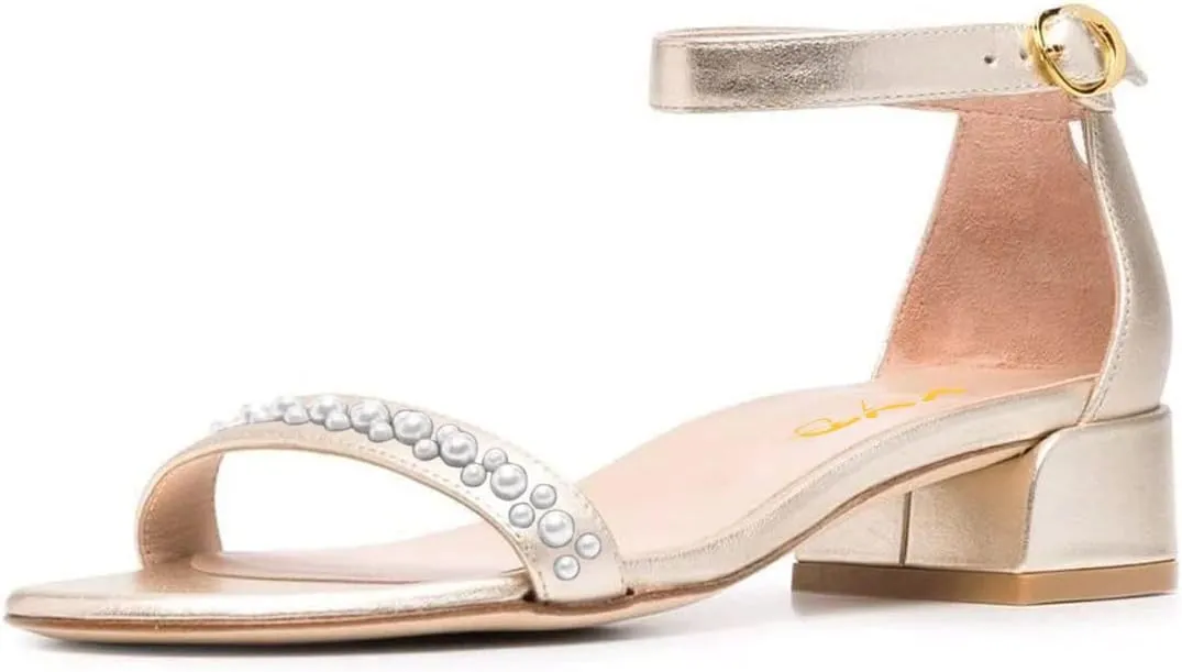 XYD Women Pearls Open Toe Strappy Low Block Heel Sandal Flats Ankle Strap with Buckle Wedding Bridal Dress Shoes