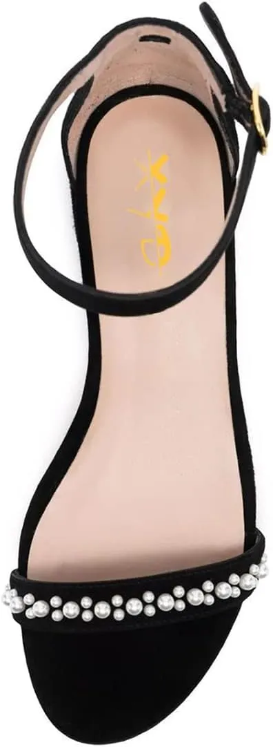 XYD Women Pearls Open Toe Strappy Low Block Heel Sandal Flats Ankle Strap with Buckle Wedding Bridal Dress Shoes