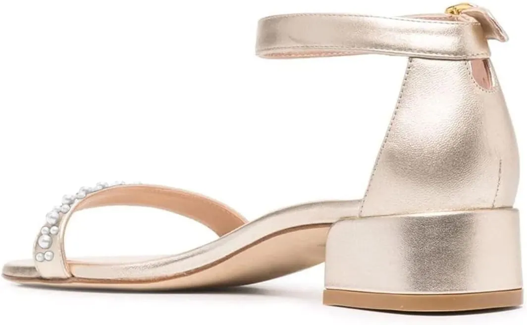 XYD Women Pearls Open Toe Strappy Low Block Heel Sandal Flats Ankle Strap with Buckle Wedding Bridal Dress Shoes