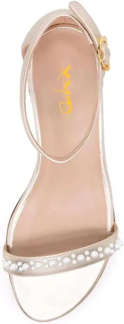 XYD Women Pearls Open Toe Strappy Low Block Heel Sandal Flats Ankle Strap with Buckle Wedding Bridal Dress Shoes