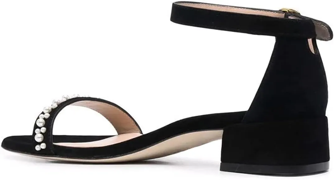 XYD Women Pearls Open Toe Strappy Low Block Heel Sandal Flats Ankle Strap with Buckle Wedding Bridal Dress Shoes